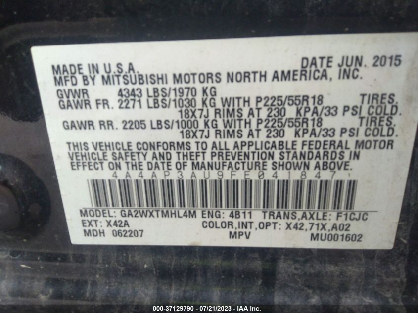 2015 MITSUBISHI OUTLANDER SPORT ES - 4A4AP3AU9FE041847