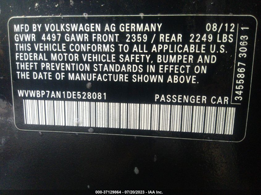 2013 VOLKSWAGEN CC SPORT - WVWBP7AN1DE528081