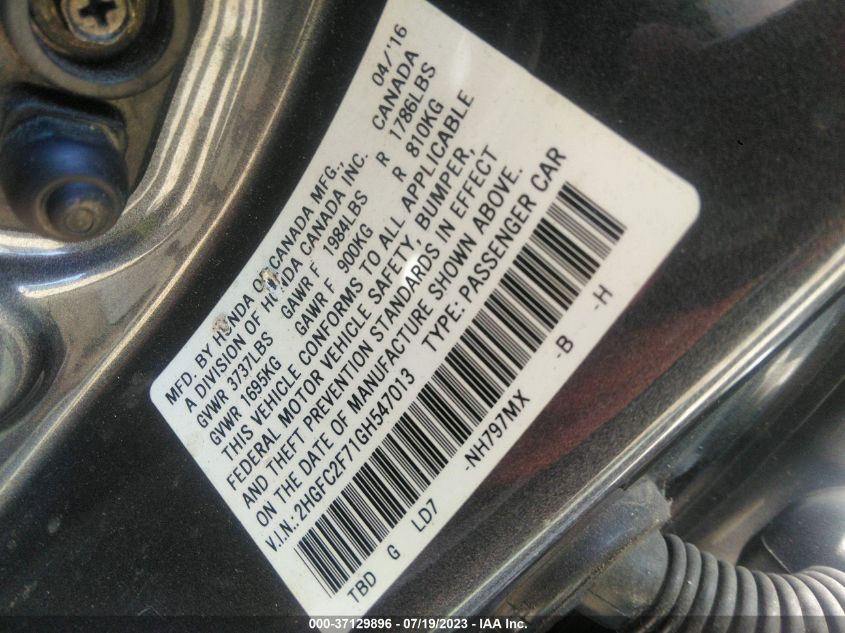 2016 HONDA CIVIC SEDAN EX - 2HGFC2F71GH547013