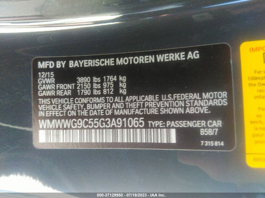 2016 MINI COOPER CONVERTIBLE S WMWWG9C55G3A91065