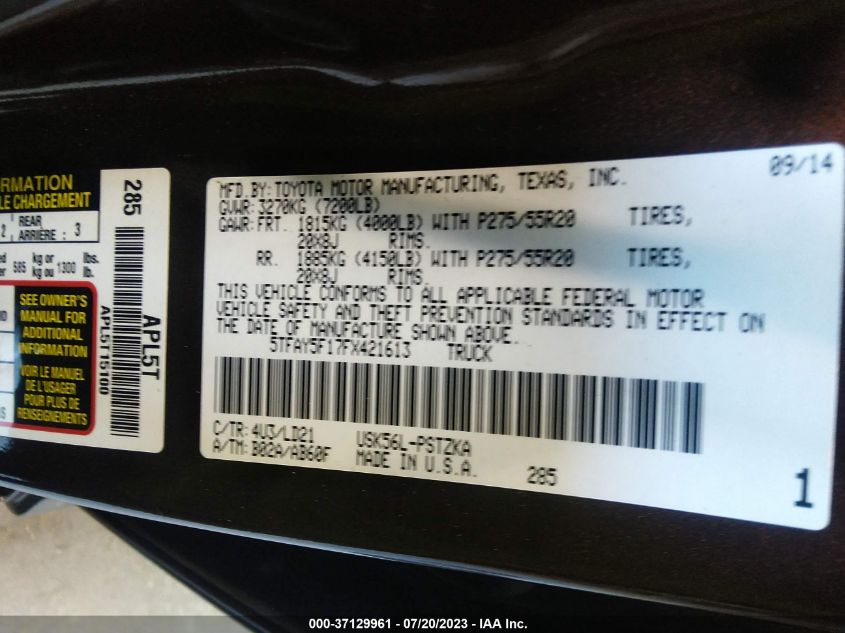 2015 TOYOTA TUNDRA 4WD TRUCK PLATINUM/1794 - 5TFAY5F17FX421613