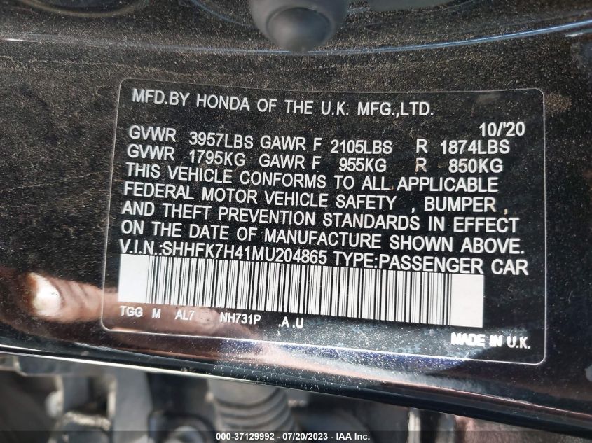 2021 HONDA CIVIC HATCHBACK SPORT - SHHFK7H41MU204865