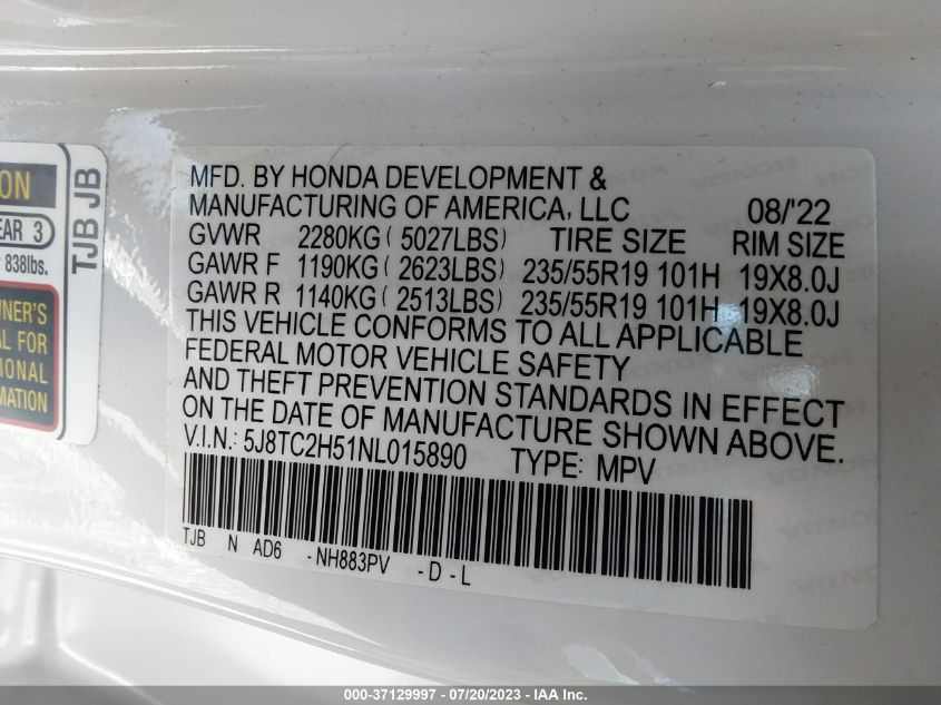 2022 ACURA RDX W/TECHNOLOGY PACKAGE - 5J8TC2H51NL015890