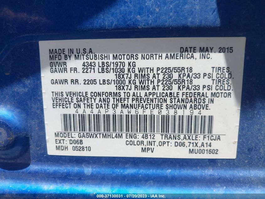 2015 MITSUBISHI OUTLANDER SPORT 2.4 ES - 4A4AP3AW6FE038194