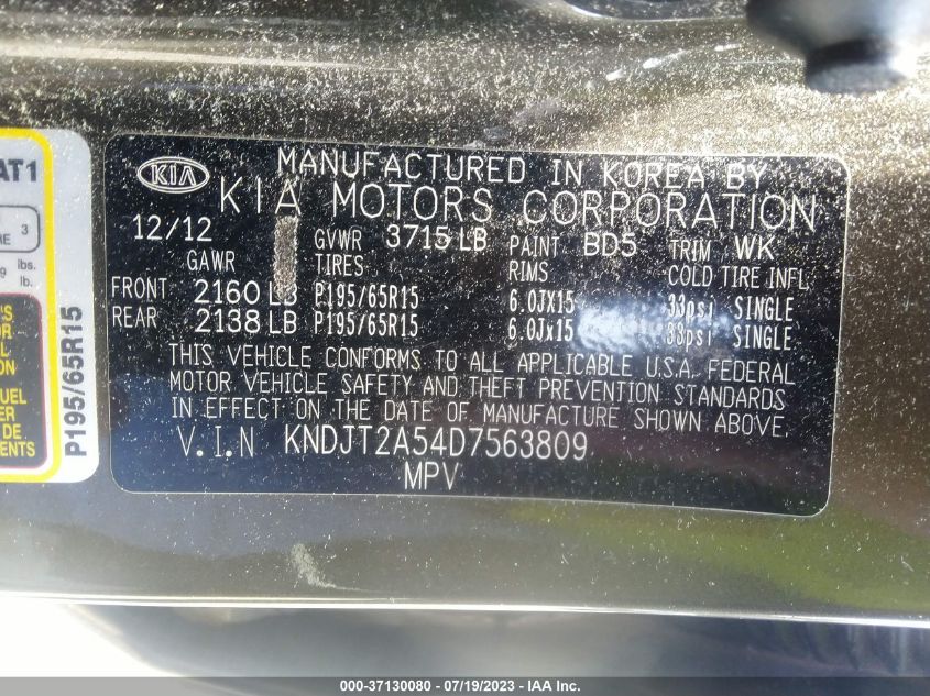 2013 KIA SOUL BASE - KNDJT2A54D7563809