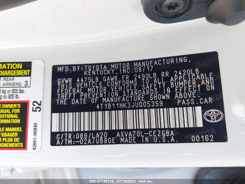 2018 TOYOTA CAMRY XLE - 4T1B11HK3JU005359