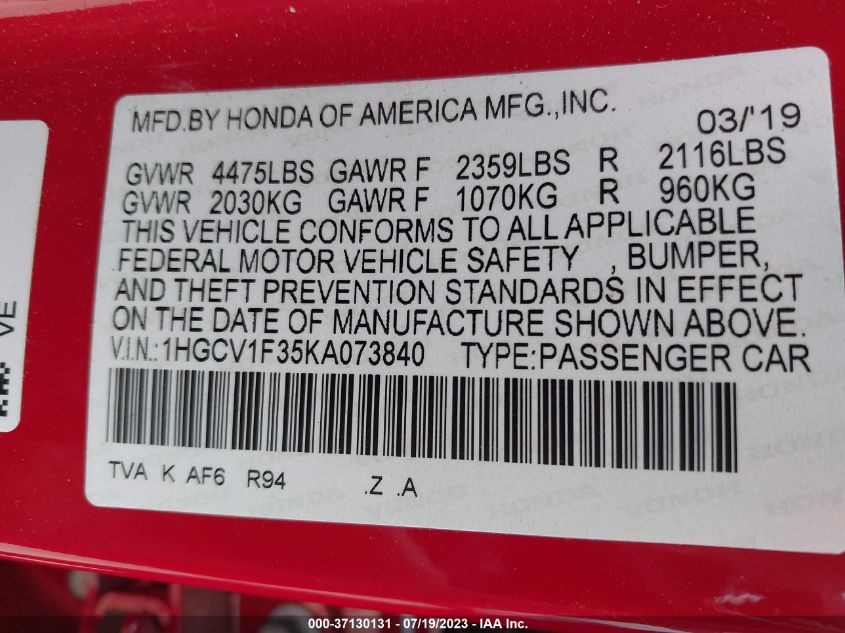 2019 HONDA ACCORD SEDAN SPORT 1.5T - 1HGCV1F35KA073840