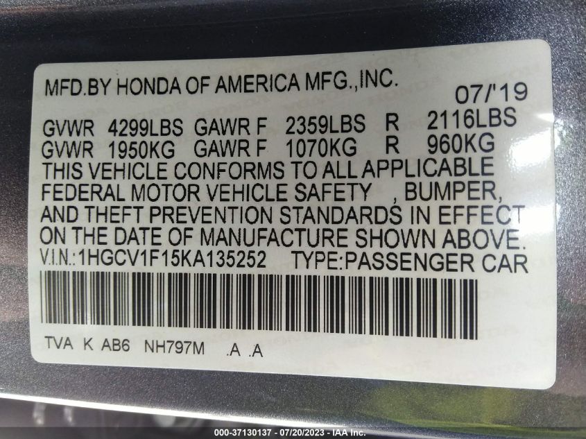 2019 HONDA ACCORD SEDAN LX 1.5T - 1HGCV1F15KA135252