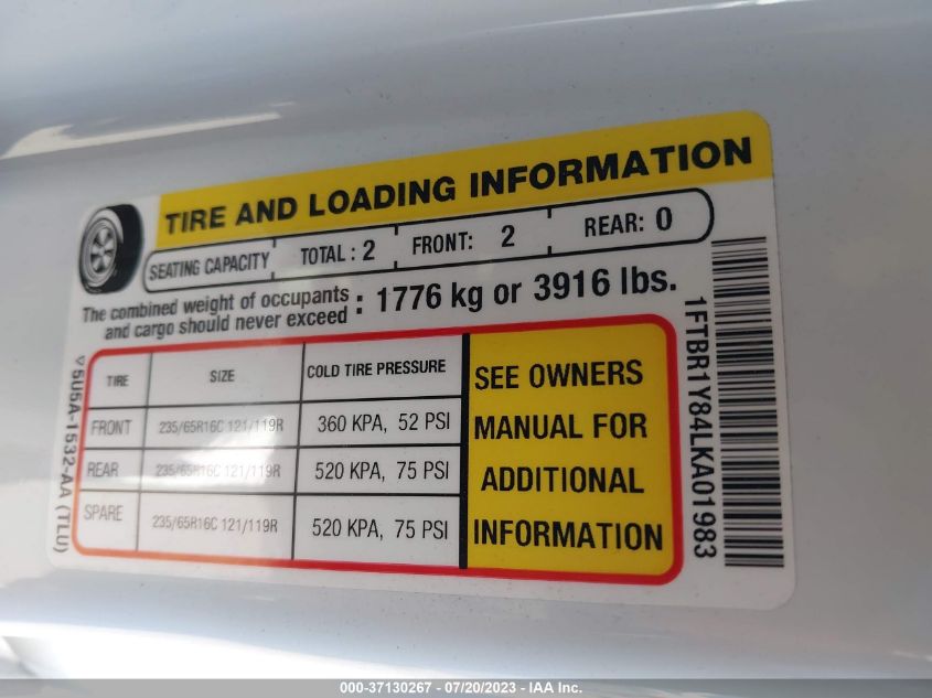 2020 FORD TRANSIT CARGO VAN - 1FTBR1Y84LKA01983