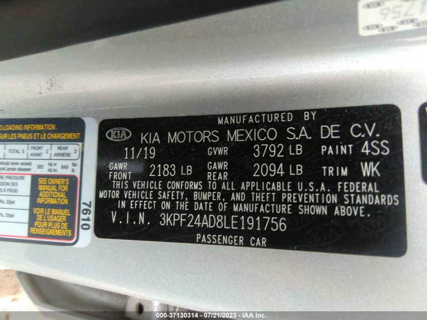 2020 KIA FORTE LXS - 3KPF24AD8LE191756