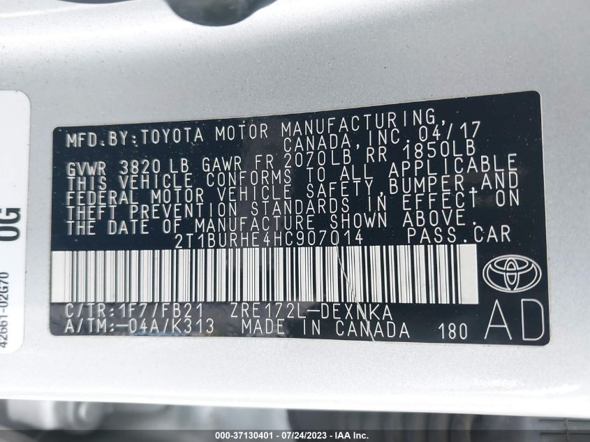 2017 TOYOTA COROLLA L/LE/XLE/SE - 2T1BURHE4HC907014