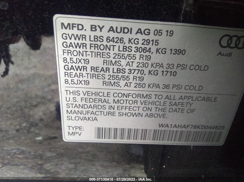 WA1AHAF76KD044629 2019 AUDI Q7, photo no. 9