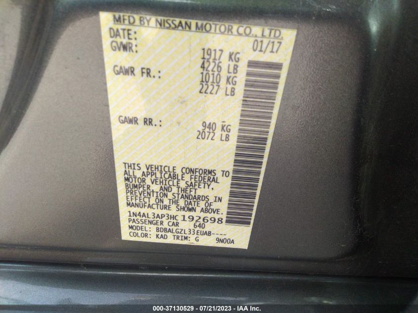 2017 NISSAN ALTIMA 2.5 - 1N4AL3AP3HC192698