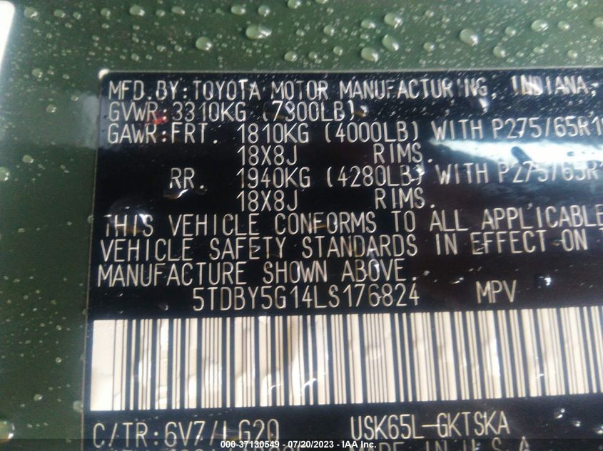 2020 TOYOTA SEQUOIA SR5/TRD SPORT/TRD PRO - 5TDBY5G14LS176824