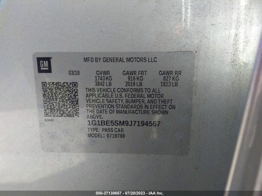 2018 CHEVROLET CRUZE LT - 1G1BE5SM9J7194567