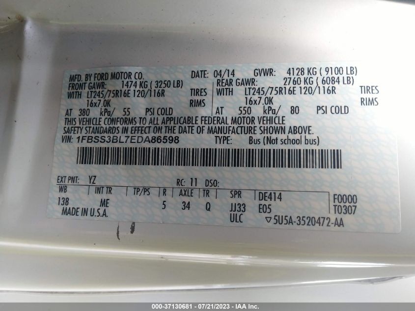 2014 FORD E-350 SUPER DUTY XLT - 1FBSS3BL7EDA86598