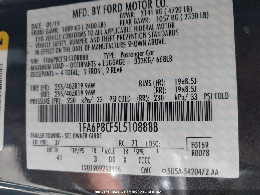 2020 FORD MUSTANG GT - 1FA6P8CF5L5108888