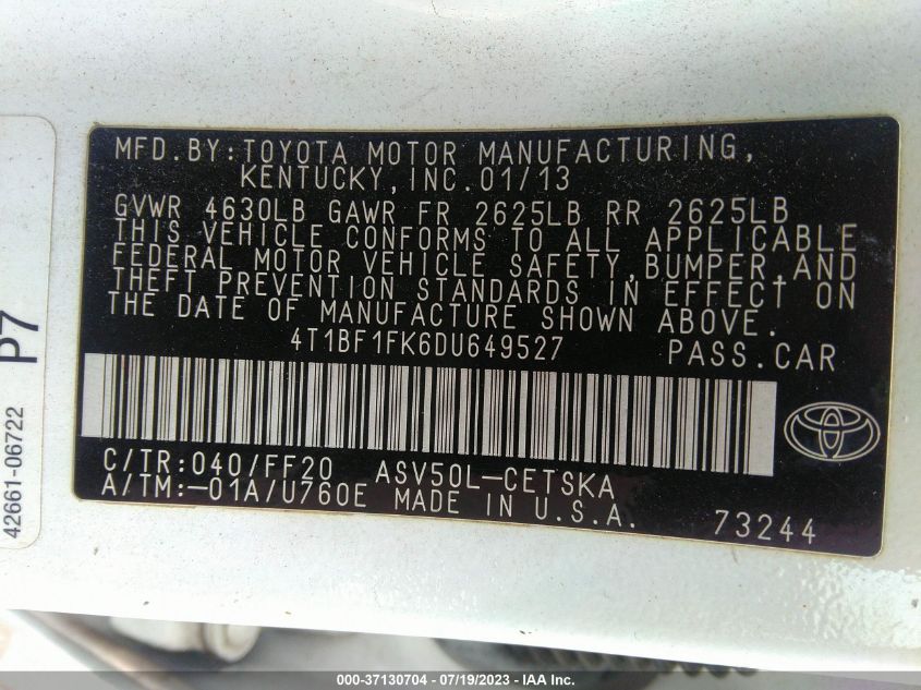 2013 TOYOTA CAMRY L/LE/SE/XLE - 4T1BF1FK6DU649527
