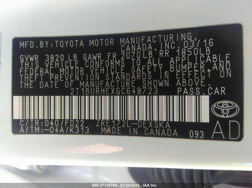 2016 TOYOTA COROLLA L/LE/S/S PLUS/LE PLUS - 2T1BURHEXGC648723