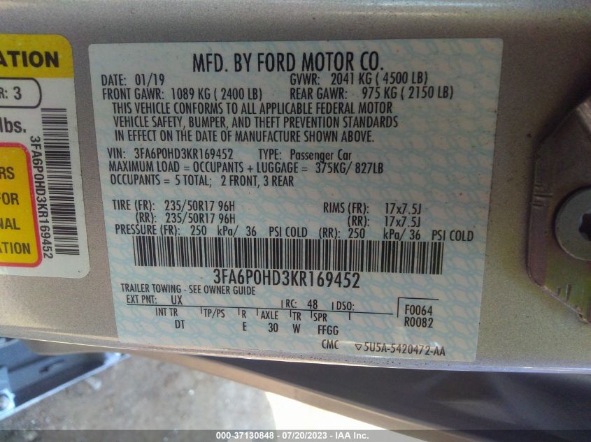 2019 FORD FUSION SE - 3FA6P0HD3KR169452