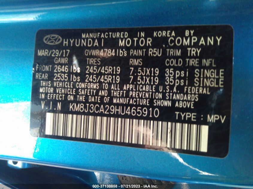 2017 HYUNDAI TUCSON LIMITED/SPORT AND ECO/SE - KM8J3CA29HU465910