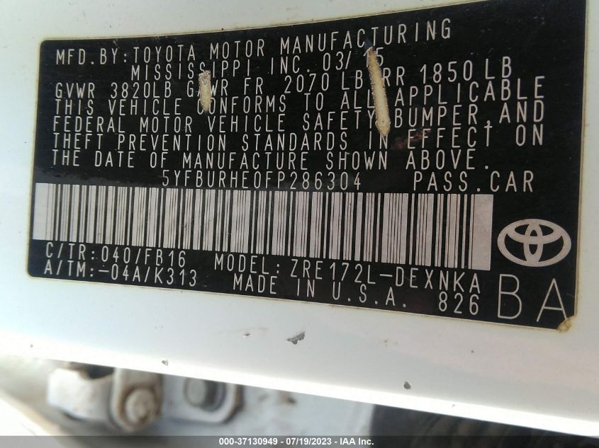 2015 TOYOTA COROLLA L/LE/LE PLS/PRM/S/S PLS - 5YFBURHE0FP286304