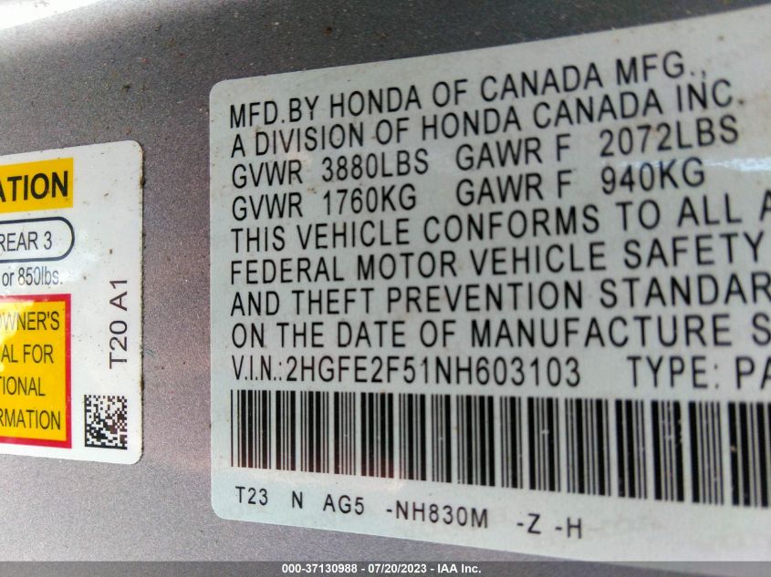 2022 HONDA CIVIC SEDAN SPORT - 2HGFE2F51NH603103