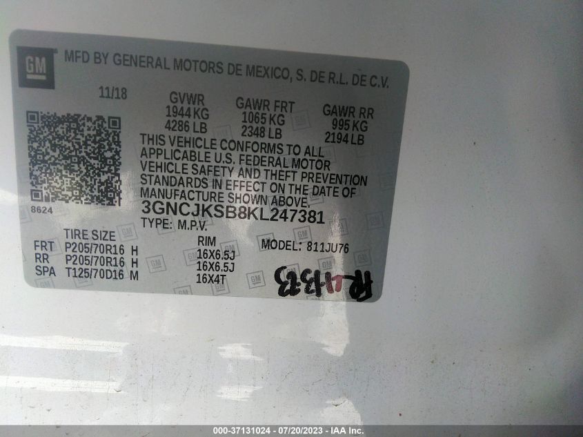 2019 CHEVROLET TRAX LS - 3GNCJKSB8KL247381