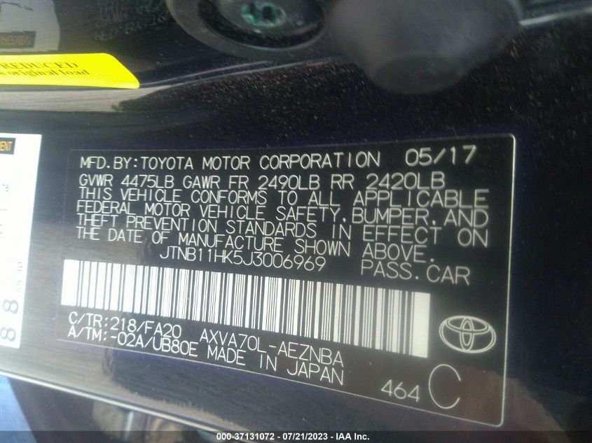2018 TOYOTA CAMRY LE/SE/XLE/L - JTNB11HK5J3006969