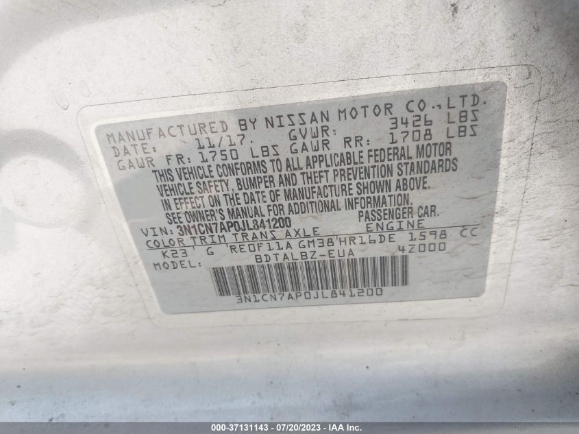 2018 NISSAN VERSA SEDAN SV - 3N1CN7AP0JL841200