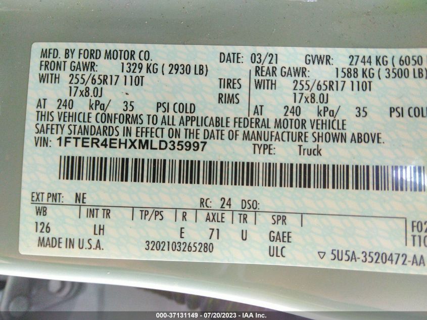 2021 FORD RANGER XL/XLT/LARIAT - 1FTER4EHXMLD35997