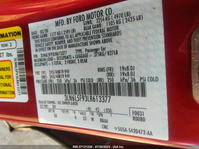 2020 LINCOLN MKZ RESERVE - 3LN6L5F93LR613377