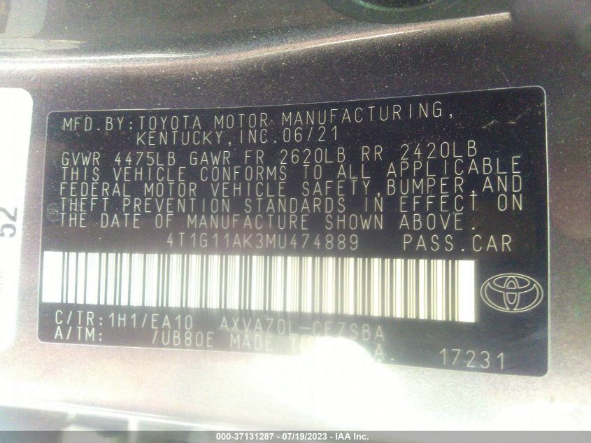2021 TOYOTA CAMRY SE - 4T1G11AK3MU474889
