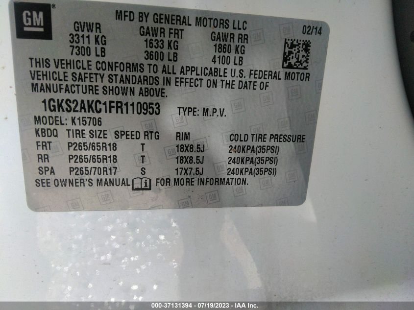 2015 GMC YUKON SLE - 1GKS2AKC1FR110953