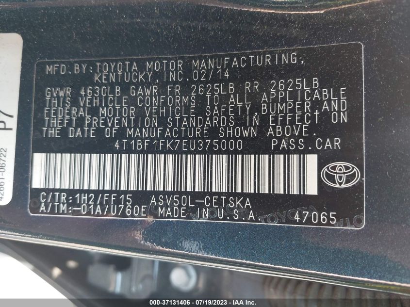 2014 TOYOTA CAMRY L/LE/XLE/SE/SE SPORT - 4T1BF1FK7EU375000