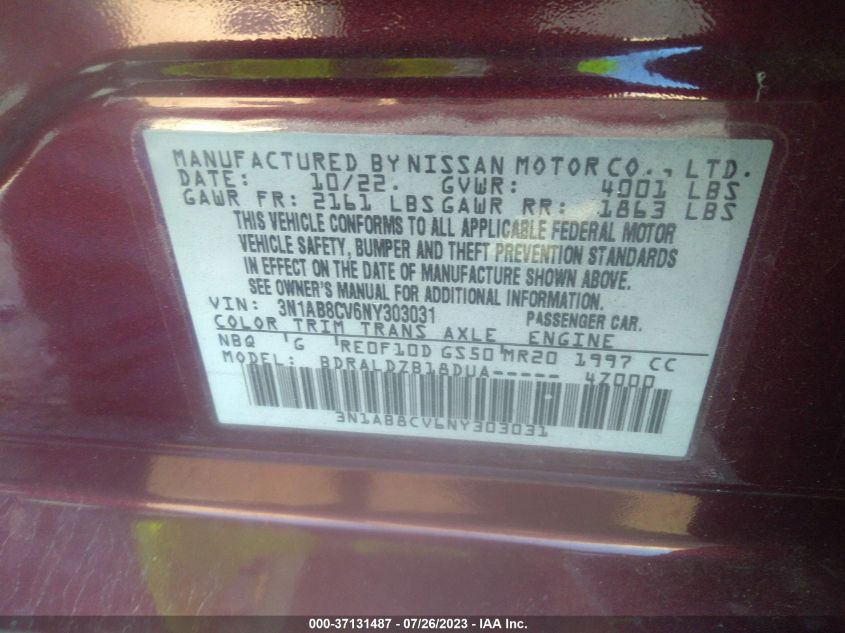 2022 NISSAN SENTRA SV - 3N1AB8CV6NY303031