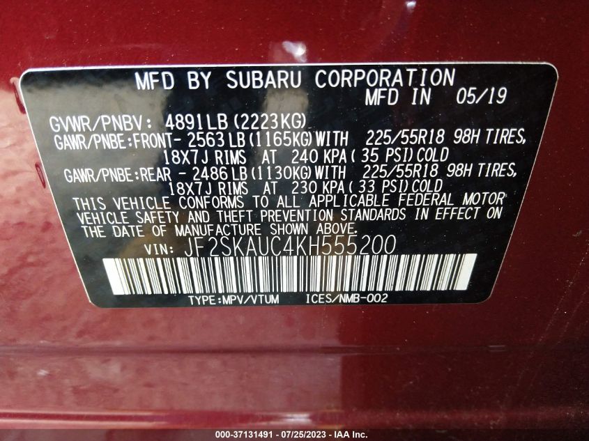 2019 SUBARU FORESTER LIMITED - JF2SKAUC4KH555200
