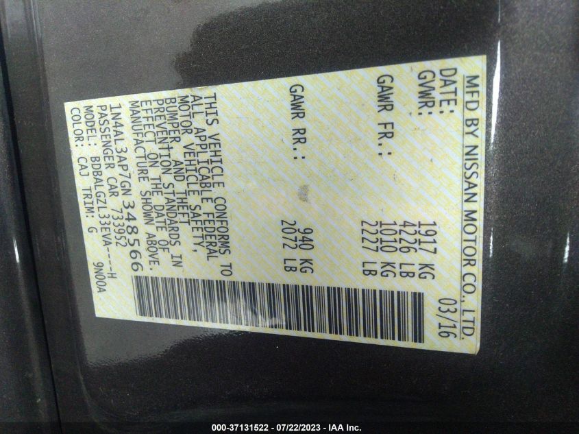 2016 NISSAN ALTIMA 2.5 S - 1N4AL3AP7GN348566