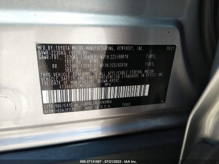 2021 TOYOTA RAV4 HYBRID - 4T3B6RFV2MU056697