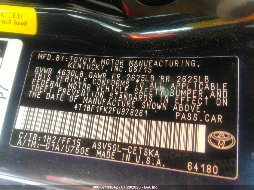 2015 TOYOTA CAMRY XLE/SE/LE/XSE - 4T1BF1FK2FU978261