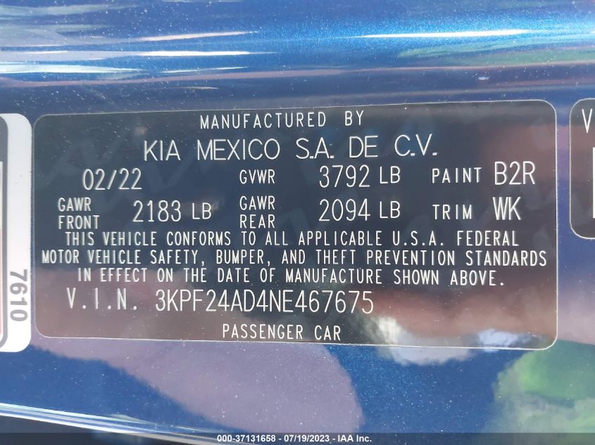 2022 KIA FORTE LXS - 3KPF24AD4NE467675