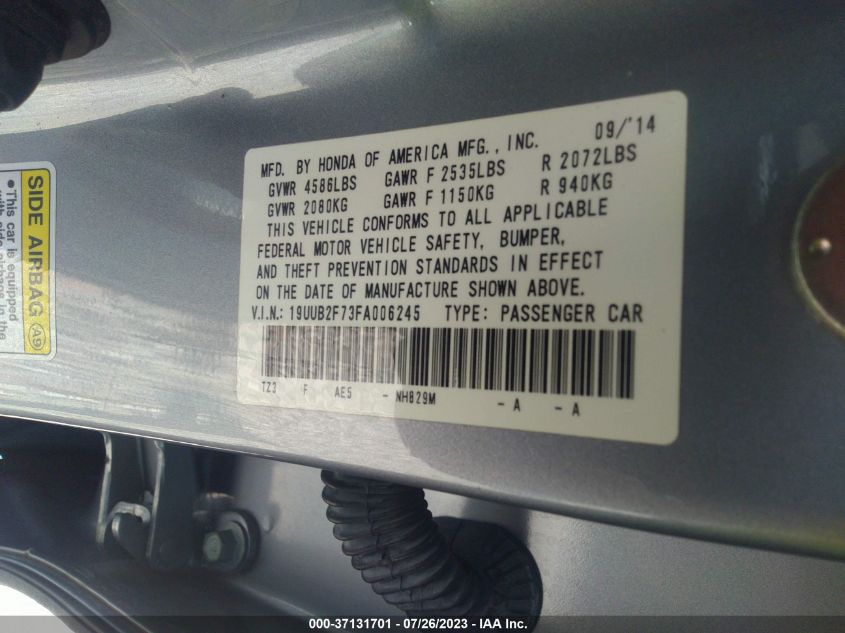 2015 ACURA TLX V6 ADVANCE - 19UUB2F73FA006245