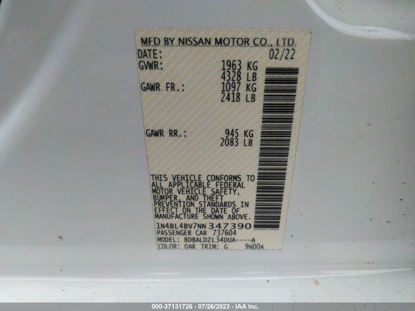 2022 NISSAN ALTIMA 2.5 S - 1N4BL4BV7NN347390