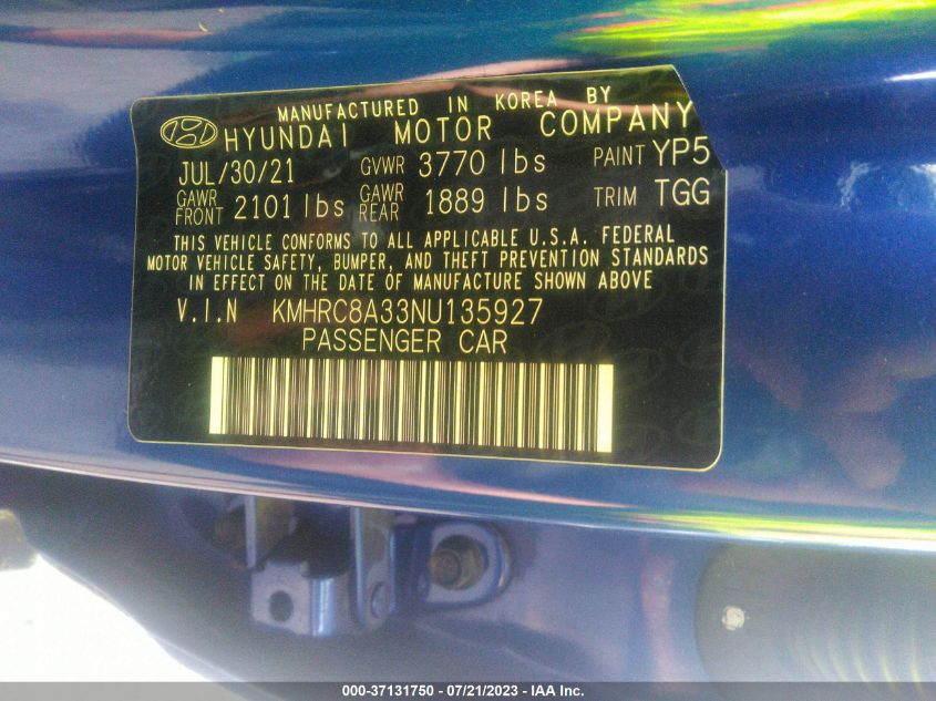 2022 HYUNDAI VENUE SEL - KMHRC8A33NU135927