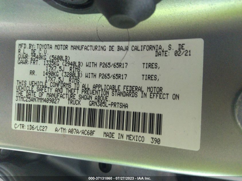 2021 TOYOTA TACOMA 4WD SR/SR5/TRD SPORT - 3TMCZ5AN7MM409027