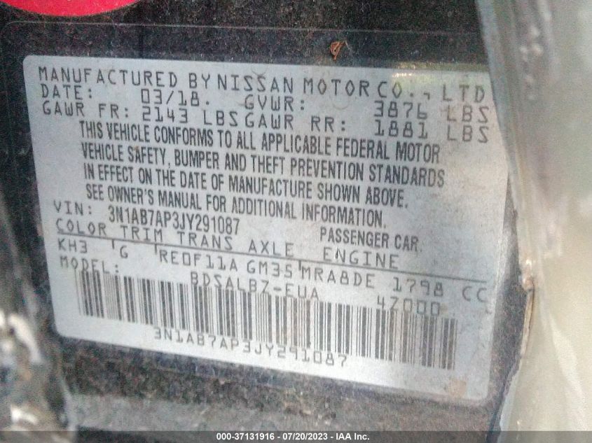 2018 NISSAN SENTRA S/SV/SR/SL - 3N1AB7AP3JY291087