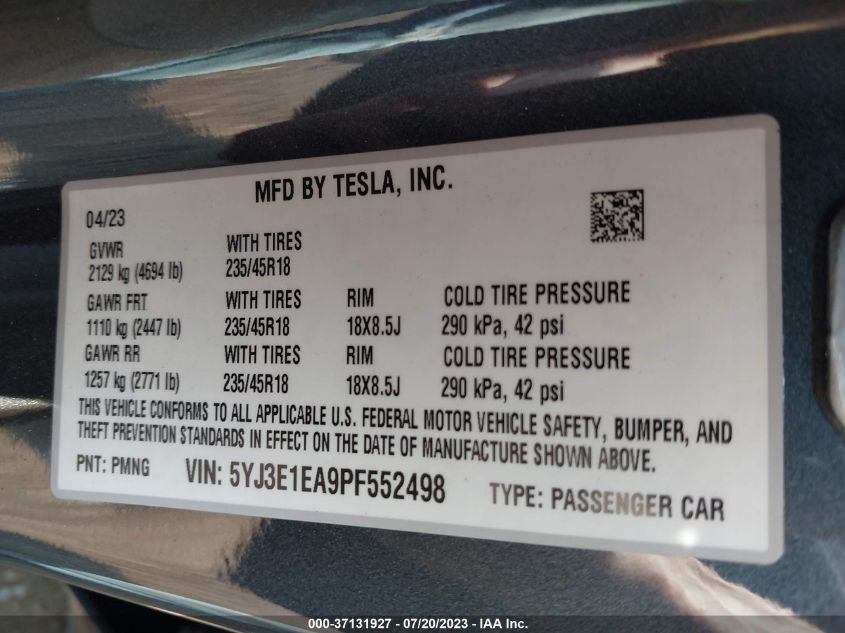 2023 TESLA MODEL 3 - 5YJ3E1EA9PF552498