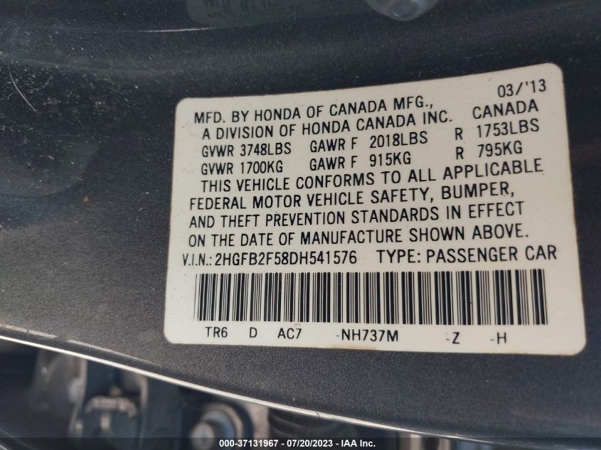 2013 HONDA CIVIC SDN LX - 2HGFB2F58DH541576
