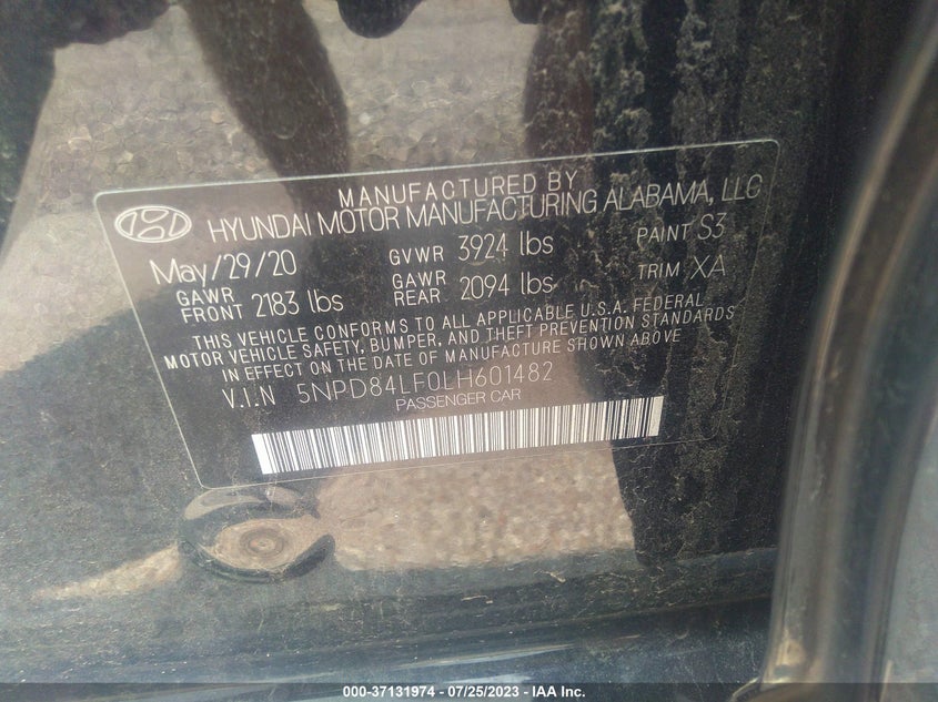 VIN 5NPD84LF0LH601482 2020 HYUNDAI ELANTRA LIMITED