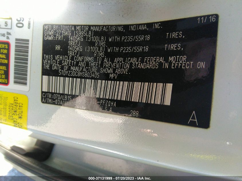 2017 TOYOTA SIENNA XLE AUTO ACCESS - 5TDYZ3DC8HS803405